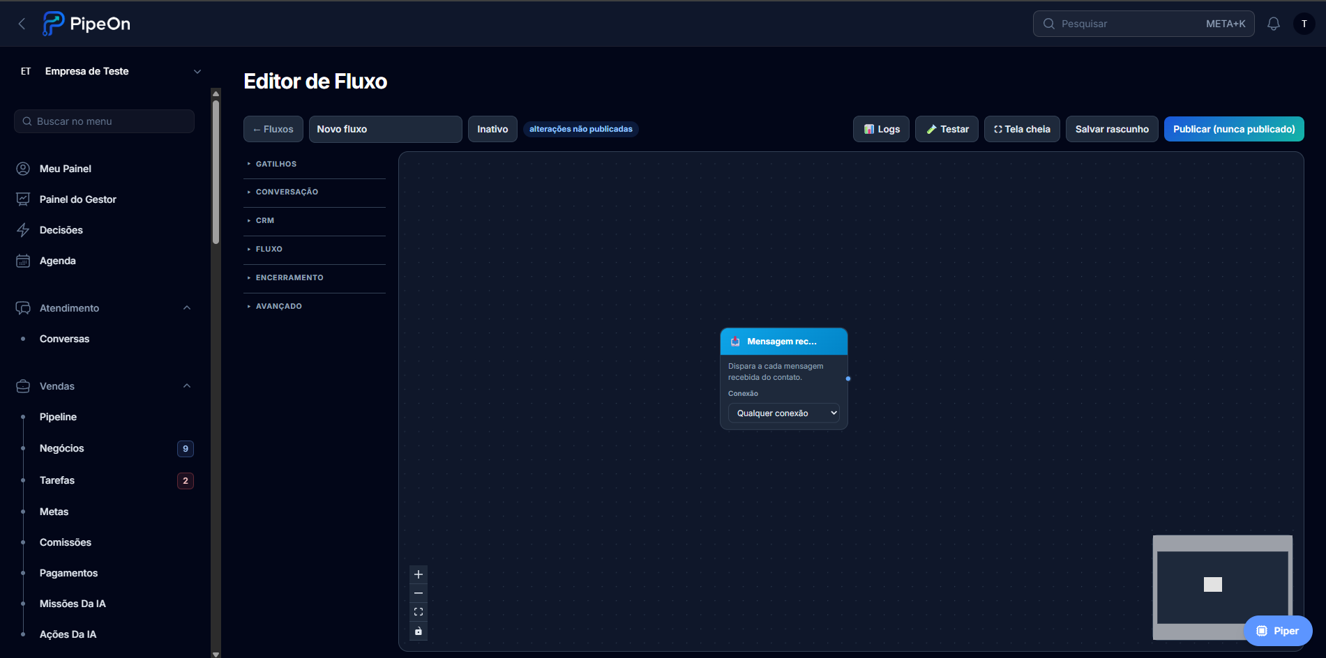 Editor de fluxos de automação do PipeON com gatilhos e blocos de conversa