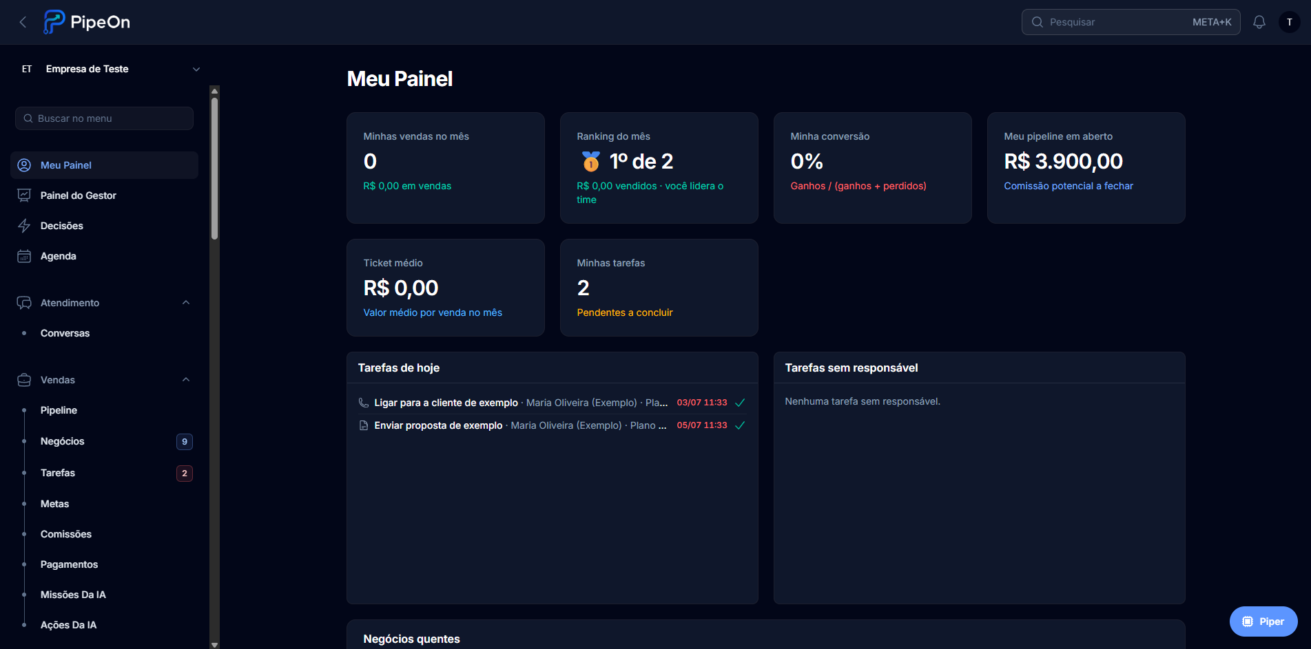 Painel individual do vendedor no PipeON com vendas, ranking e tarefas do dia
