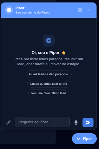 Assistente Piper do PipeON respondendo perguntas sobre leads e tarefas