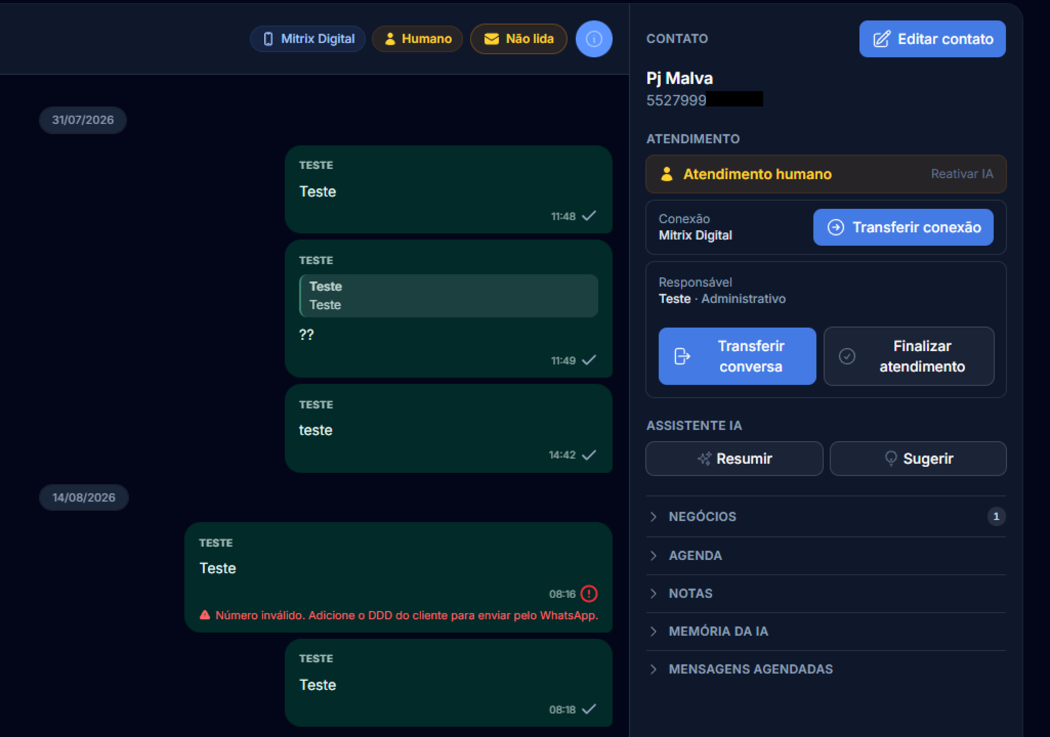 Atendimento do PipeON com a conversa de WhatsApp, ficha do contato e assistente de IA