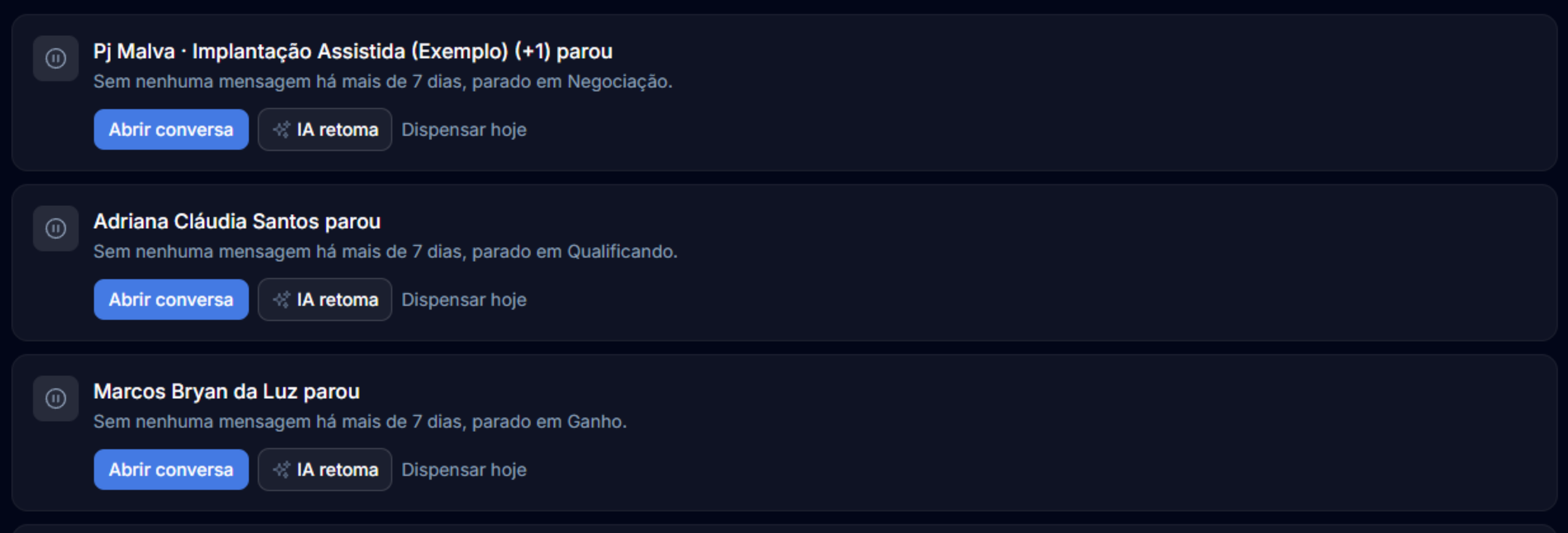 Tela de Decisões do PipeON com a IA retomando leads parados