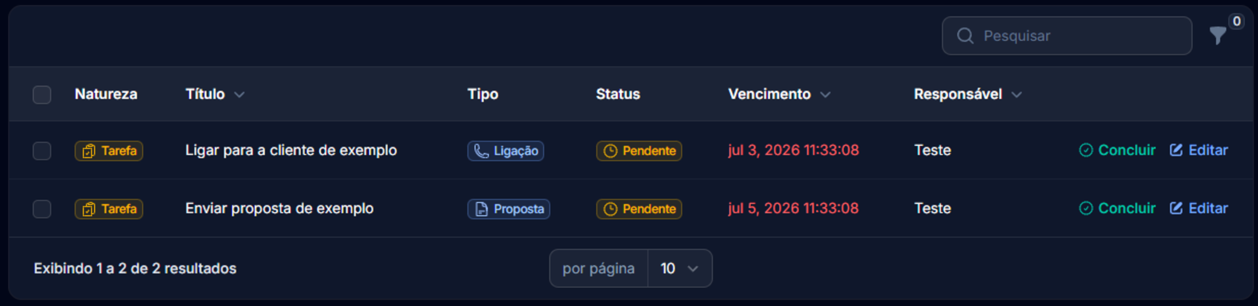 Lista de tarefas de retorno do PipeON com prazo e responsável
